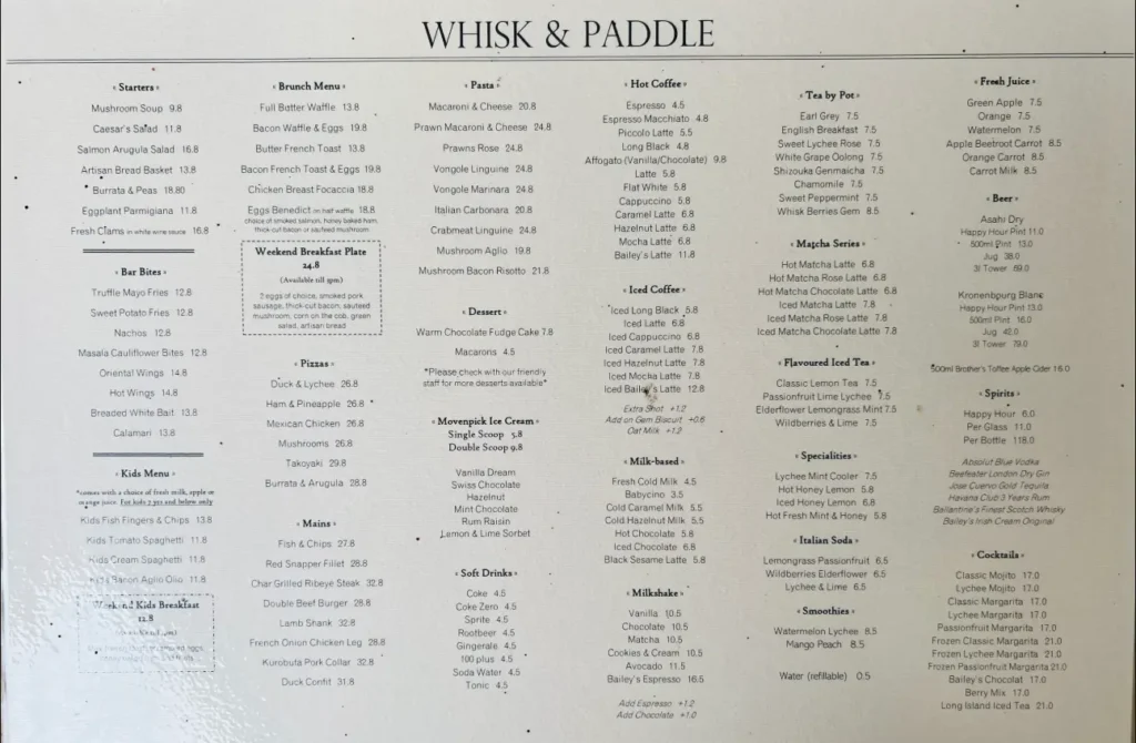 WHISK PADDLE SINGAPORE MENU