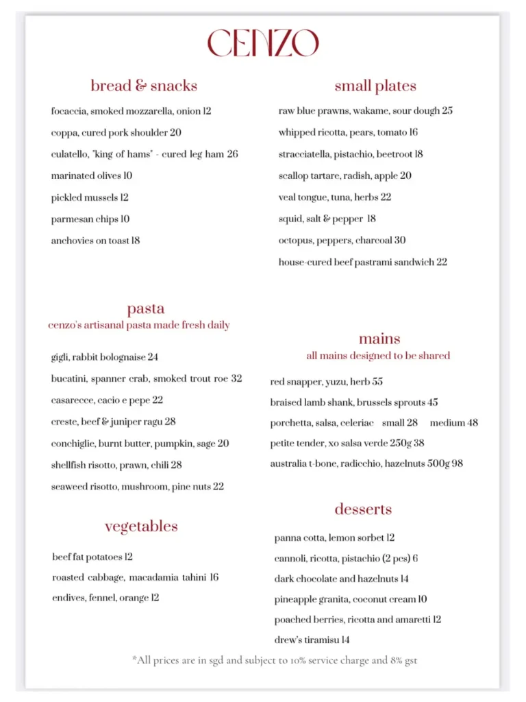 CENZO SINGAPORE MENU